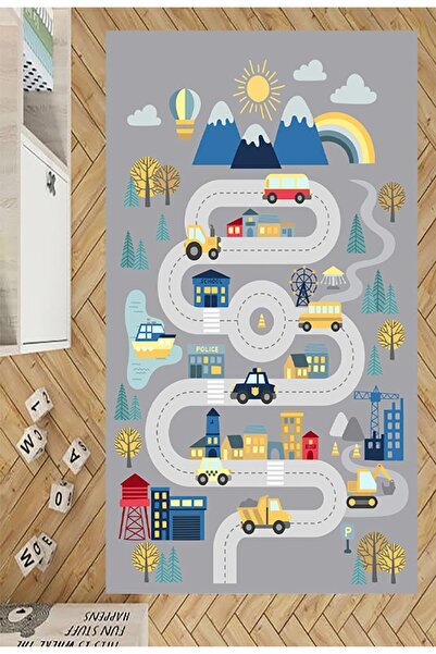 eco concept Araba Yolu Çocuk Halısı, Gri Çocuk Halısı, Leke Tutmaz, Yıkanabil...