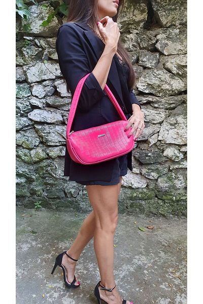 Bakras Fuchsia Crocodile Patterned Baguette Bag Baguette Shoulder Bag