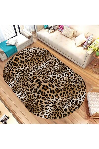 eco concept Leopar Desen Makinede Yıkanabilir Kaymaz Taban Dot Taban Oval Sal...