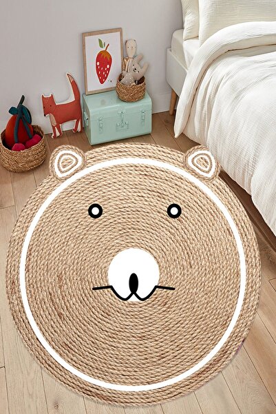 eco concept Sevimli Ayı Desenli Çocuk Halısı, Dijital Baskı Jüt Hasır Halı, Y...