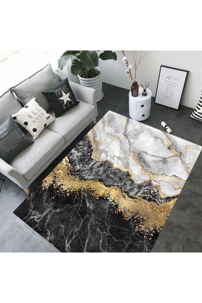 eco concept Siyah Renk Mermer Desenli Yıkanabilir Dot Taban Salon Halısı Mutf...