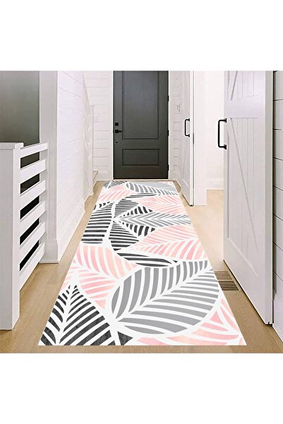 eco concept Pink Colored Leaf Patterned Runner - Modern Pattern, Hallway and Living Room Carpet