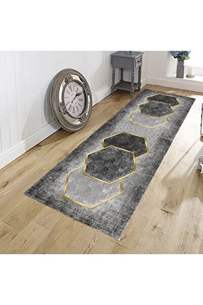 eco concept Geometric Patterned Gray Washable Carpet - Living Room, Kitchen, Hallway and Runner