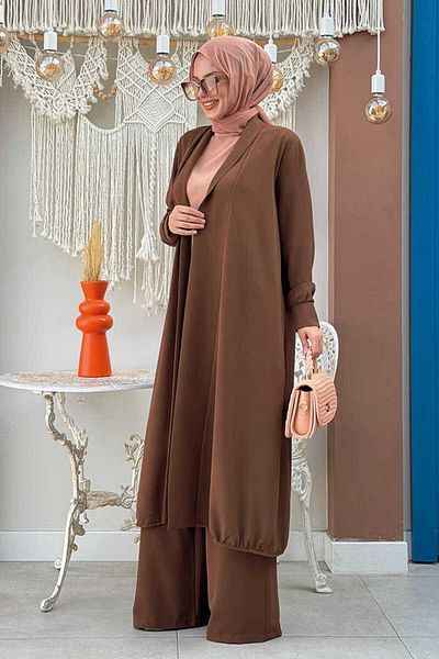Bym Fashion Σετ παντελόνι καφέ κιμονό και ελαστική μέση - 8560