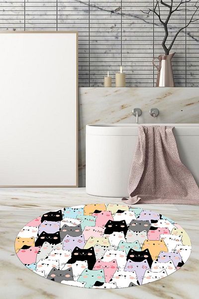 eco concept , Bath Mat, Cat Pattern, 80cmx80cm, Round, Non-Slip Base Carpet