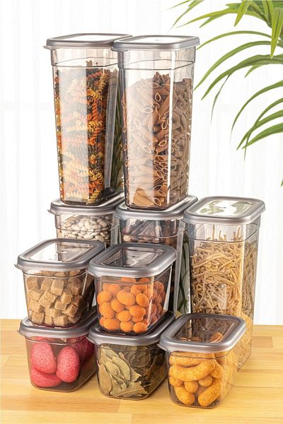 Vienev Set of 10 Peggy Rectangular Storage Boxes with 5X5 Screen Printing Labels - 1.9 0.8 Liter