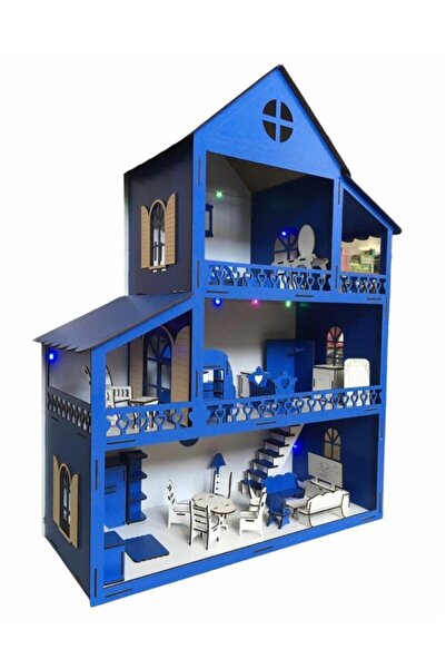 BELİNAY ÇOCUK DÜNYASI Ahşap Oyun Evi 100cm 36 Eşya Mavi Led Işıklı Isim Yazılır