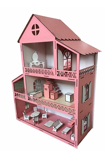 BELİNAY ÇOCUK DÜNYASI Wooden Playhouse 60cm 14 Items Pink Name Written