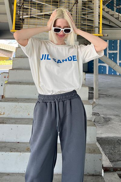 Madmext Tričko Ecru Oversize Crew Neck MG2126 – krátký rukáv potištěný