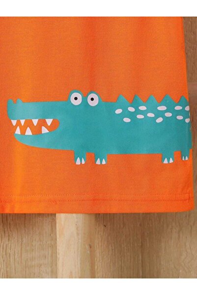 MADALİNA Orange Dinosaur Printed 3-Piece Athlete Set for Boy