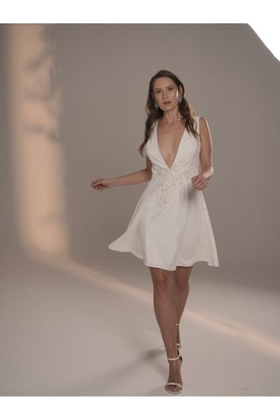 EVET couture APLİK DETAYLI BEYAZ ELBİSE