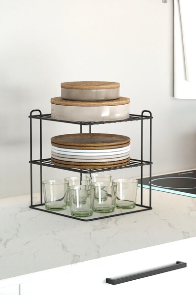 zabata Siyah 2 Adet 3 katlı Tabaklık Dolap Içi Düzenleyici Organizer Tezgah Banyo Tabak Bardak Düzenleme