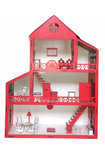 BELİNAY ÇOCUK DÜNYASI Wooden Children's Playhouse 60cm 14 Items Red Name Written