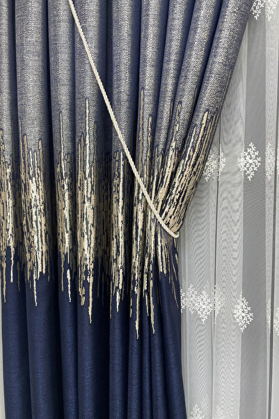 Cortibo Navy Blue Palermo Patterned Panel Background - Non-Pleated