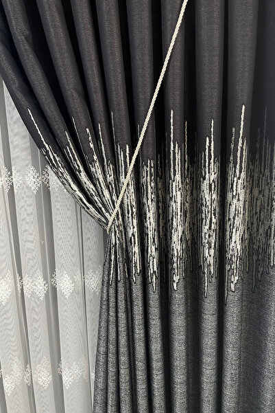 Cortibo Dark Gray Palermo Patterned, 1 to 3 Close Pleated Panel Background Curtain