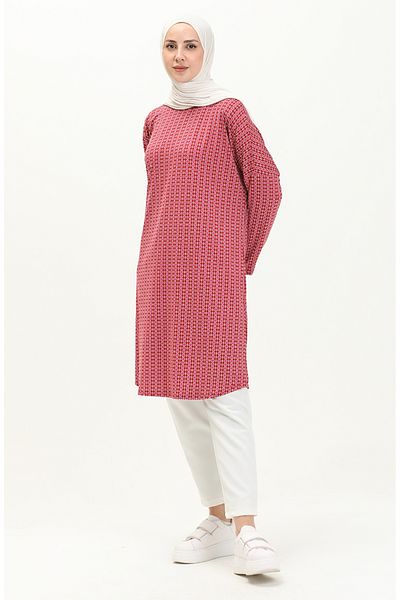 sefamerve Burgundy Patterned Bat Sleeve Tunic - 8602-01