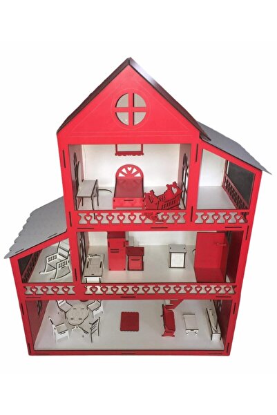 BELİNAY ÇOCUK DÜNYASI Wooden Children's Playhouse 60cm 14 Items Red Name Written