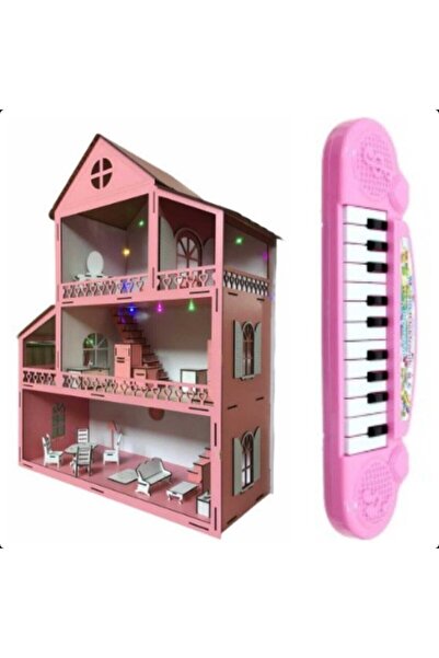 BELİNAY ÇOCUK DÜNYASI Ahşap Oyun Evi 80cm 21 Eşya Led Işıklı Pembe Org Piyanolu