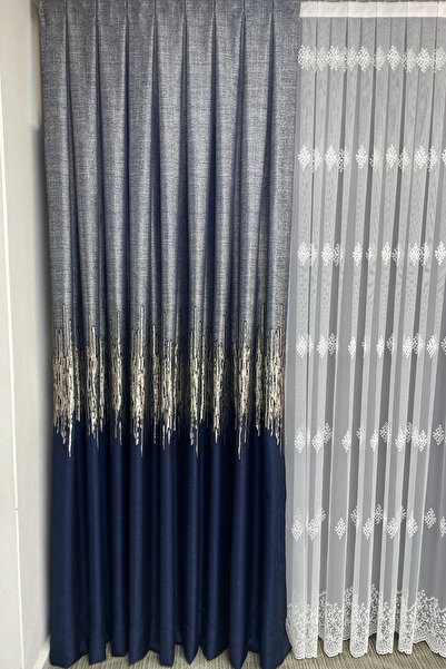 Cortibo Navy Blue Palermo Patterned Panel Background - Non-Pleated