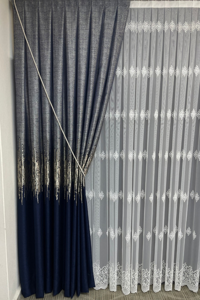 Cortibo Navy Blue Palermo Patterned Panel Background - Non-Pleated