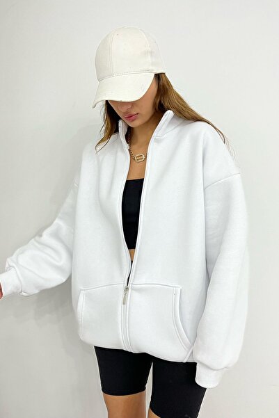 Sun Victoria Λευκό Unisex ψηλός λαιμός Φούτερ με φερμουάρ oversized με επένδυση fleece κλωστές