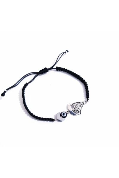 Funny Takılar Siyah Nazar Boncuklu Hematit Taşlı Yelkenli Siyah Makrome Bileklik