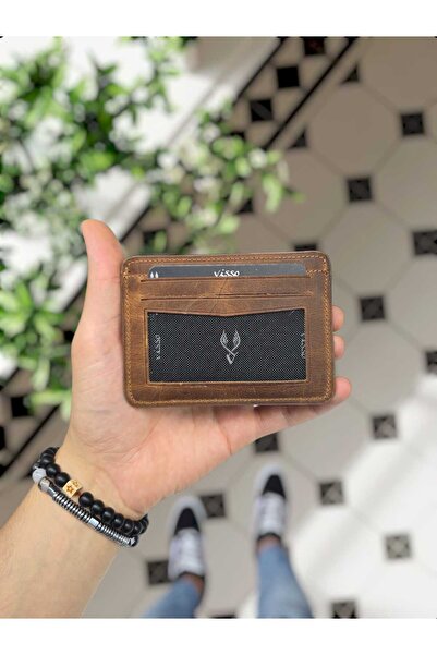 VİSSO 653 Hakiki Deri Kağıt Para Bölmeli Kimlik Kart Gözlü Açık Kahverenk Deri Kredi Kartlık Cüzdan