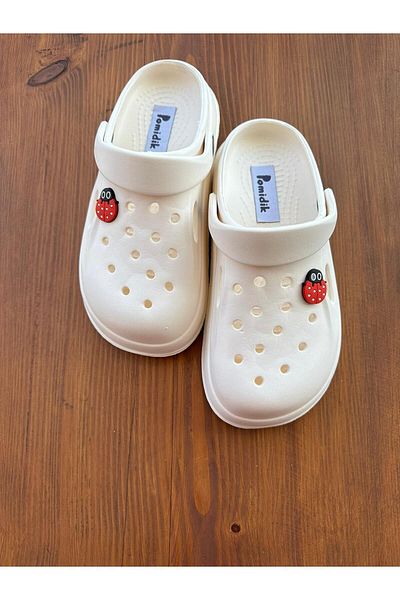 Pomidik Beige Women's Eva Slippers - Ladybug Accessory, Massage Sole, Closed Front