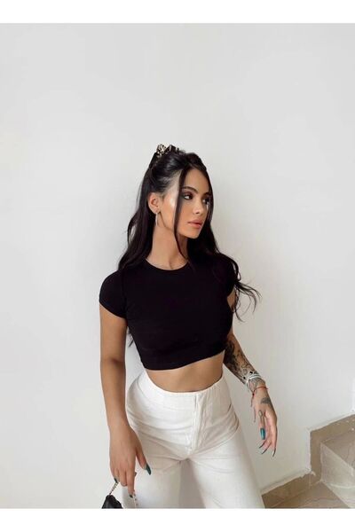 Kadın Bisiklet Yaka Basic Crop Siyah
