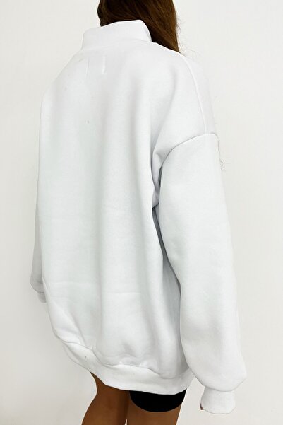 Sun Victoria Λευκό Unisex ψηλός λαιμός Φούτερ με φερμουάρ oversized με επένδυση fleece κλωστές