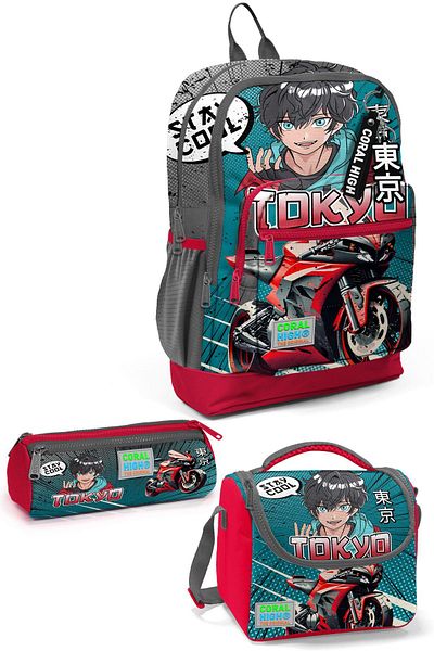 Coral High Set de 3 ghiozdane de școală cu model de motociclete Nefti gri - SET 0123764
