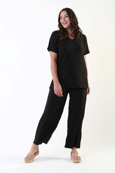 Temporium Women's Black Large Size Twill Fabric Short Sleeve Bottom Top Set