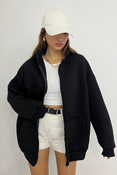 Sun Victoria Μαύρο φούτερ Unisex ψηλός λαιμός με φερμουάρ oversized 3 κλωστών επένδυση fleece