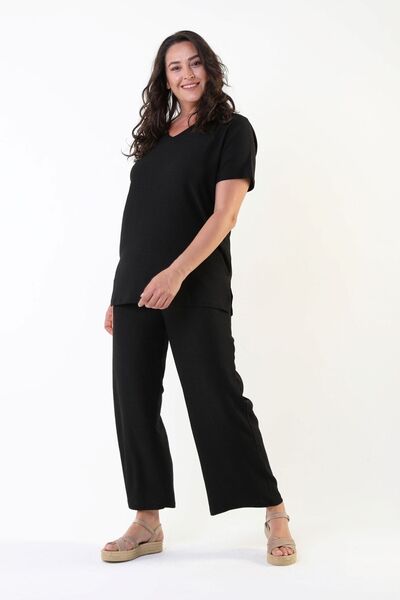 Temporium Women's Black Large Size Twill Fabric Short Sleeve Bottom Top Set