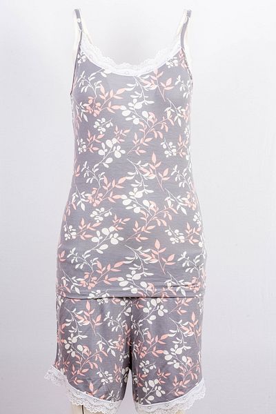 BSM High Quality Patterned Lace Viscose Pajamas Set - Thin Straps Shorts