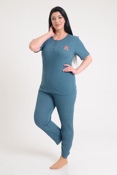 PİNKMARK Women's Turquoise Short Sleeve Embroidered Plus Size Pajama Set Pmtk25604