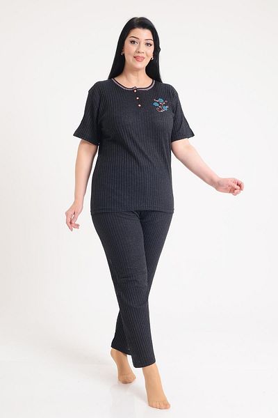 PİNKMARK Women's Black Short Sleeve Embroidered Plus Size Pajama Set Pmtk25600