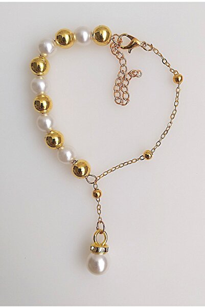 BİJUTERİ EVİ Yarısı Top Zincirli Yarısı Incili Oval Inci Figürlü Kadın Kolye Bileklik Küpe Seti 34