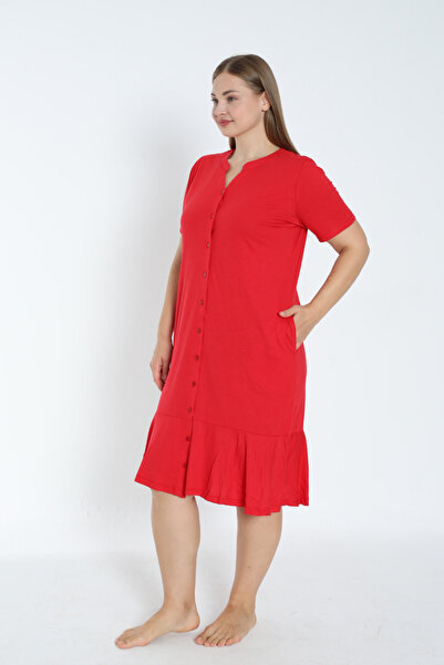 İntensive Plus Size Cotton Ruffle Dress - Short Sleeve and Button