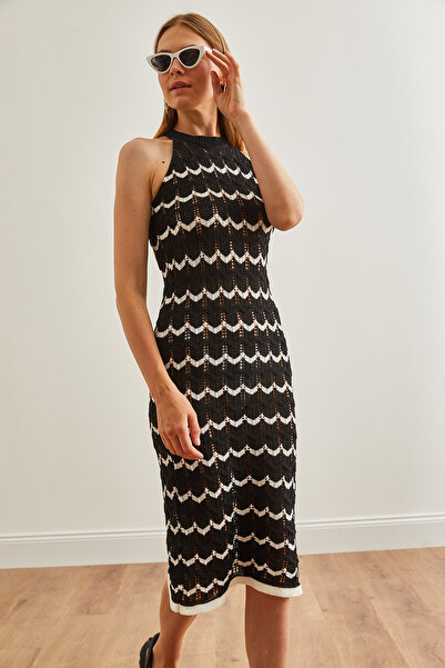 Olalook Black Halter Neck Zigzag Knitwear Summer Dress - ELB-19002204