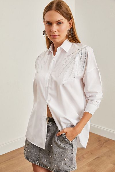 Olalook Weißes Hemd mit Palmenmuster und Paillettendetails, GML-19001225