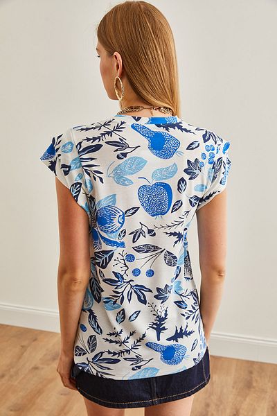 Olalook Tricou albastru din bumbac pentru femei cu model floral - TSH-19000819