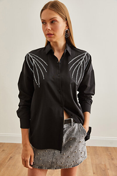 Olalook Μαύρο υφαντό πουκάμισο με παλάμη - Λεπτομέρεια με πούλιες, GML-19001225
