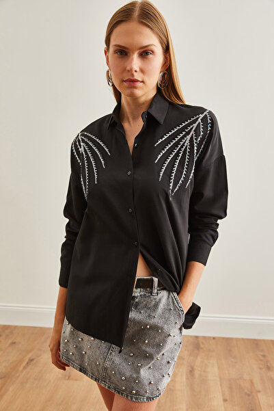 Olalook Μαύρο υφαντό πουκάμισο με παλάμη - Λεπτομέρεια με πούλιες, GML-19001225