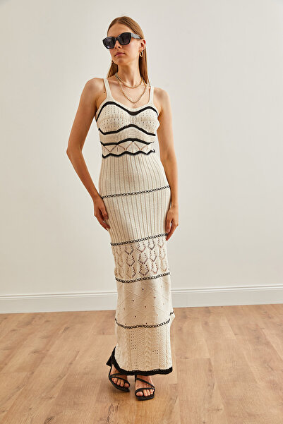 Olalook Kadın Ekru Askılı Ajurlu Astarsız Yazlık Maxi Triko Elbise ELB-19002211