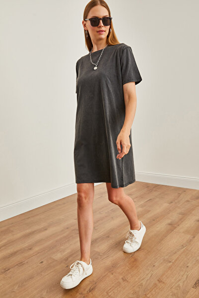 Olalook Kadın Antrasit Bisiklet Yaka Yıkamalı Penye Elbise ELB-19002210
