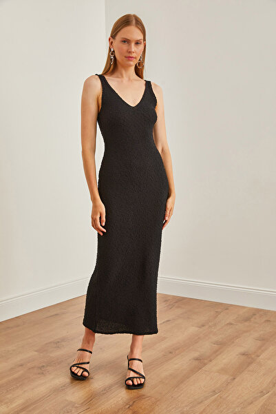 Olalook Kadın Siyah Ön Arka V Dokulu Maxi Yazlık Triko Elbise ELB-19002206