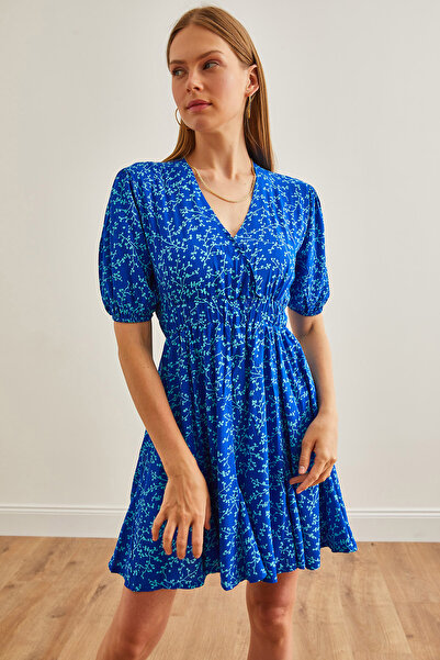 Olalook Синя двуредна мини рокля с балонен ръкав - детайл от полата, тъкана, ELB-19002212