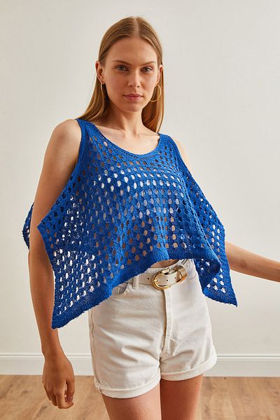 Olalook Saks Blue Openwork Γυναικεία Πλεκτά Crop Μπλούζα - BLZ-19002687