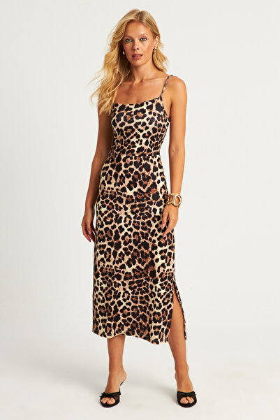 Cool & Sexy Dámské midi šaty HC1540 podšité velbloudím černým leopardím potiskem